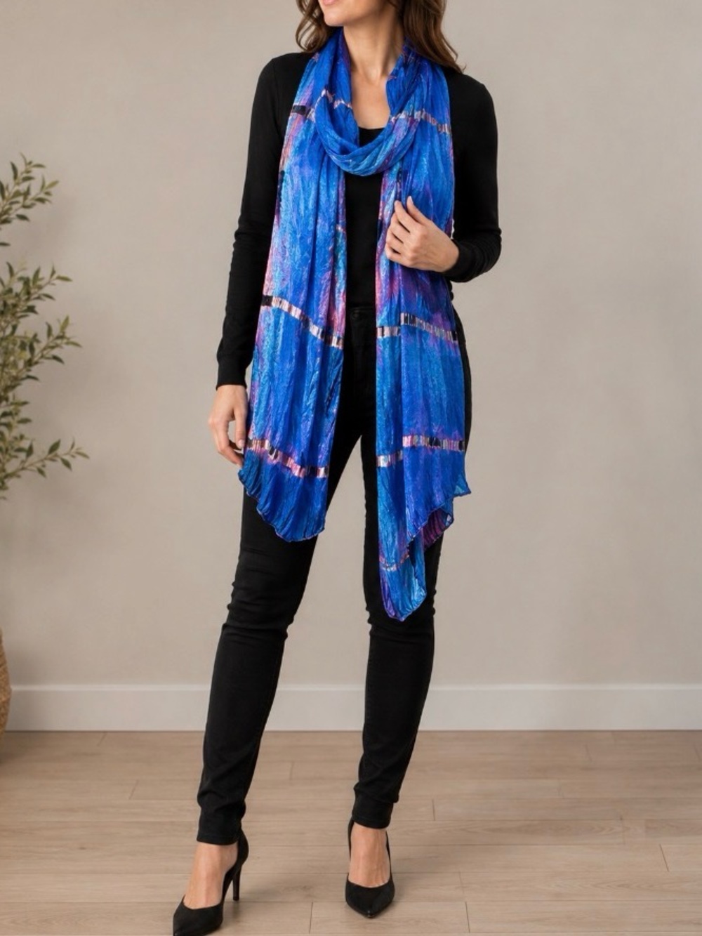 Lustrous Silk Iridescent Blue Pink 70” Rectangular Scarf Rosebud Detail **Flaws